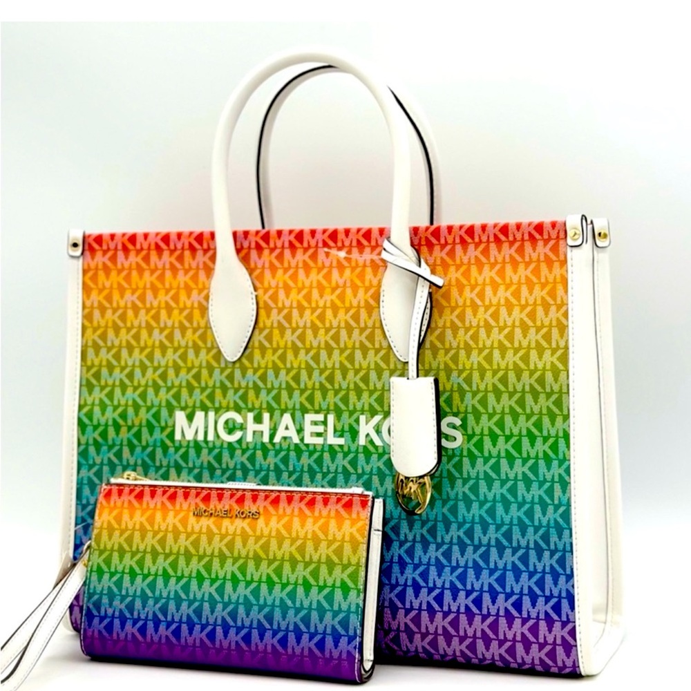 Michael Kors Medium Mirella Tote Bag & Large Double Zip Wallet Rainbow
